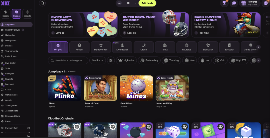 Cloudbet Casino Home Page