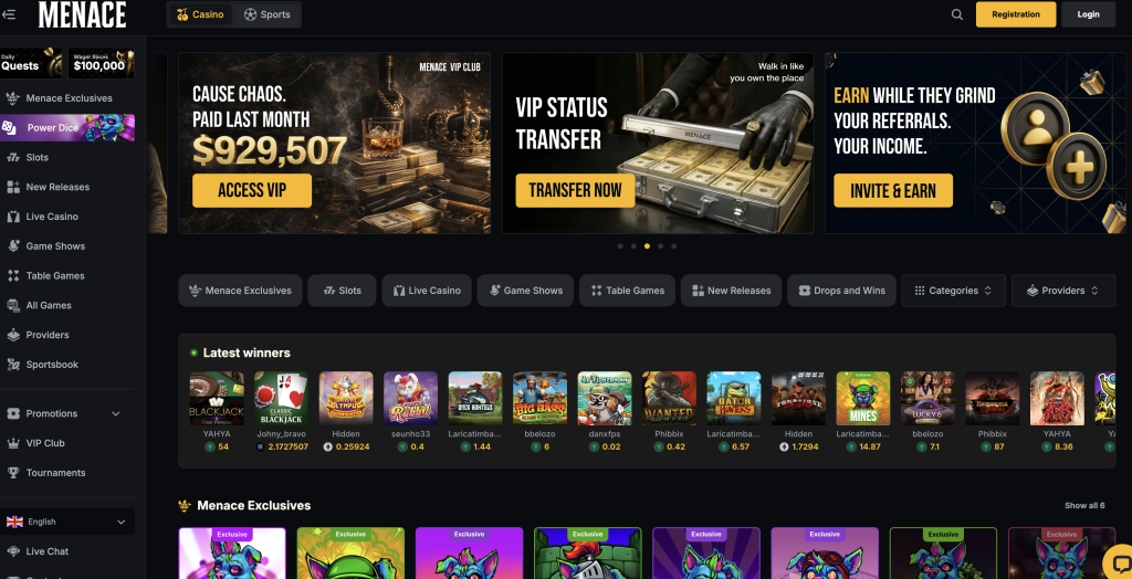 Menace Casino Home Page